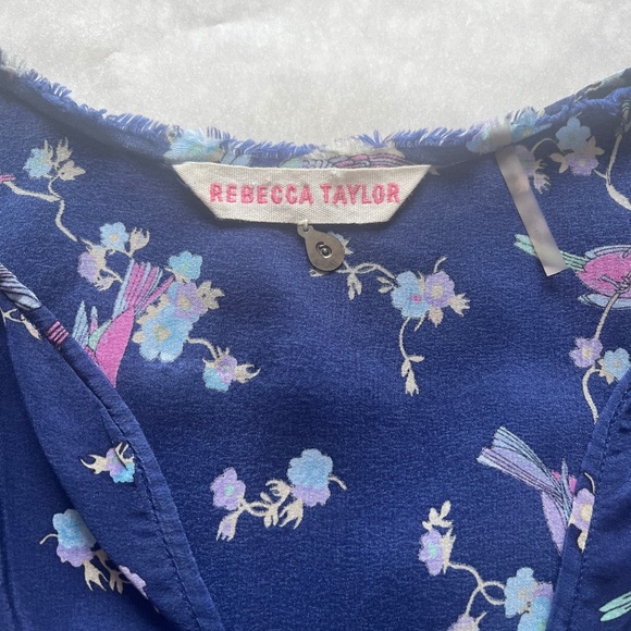 Rebecca Taylor Silk Birds Floral Canary Relaxed Tassels Top Blouse Tunic 6 M - Picture 10 of 11